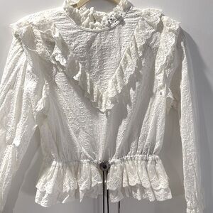 The Kooples western top lace and ruffle detail with tie belt detail in white